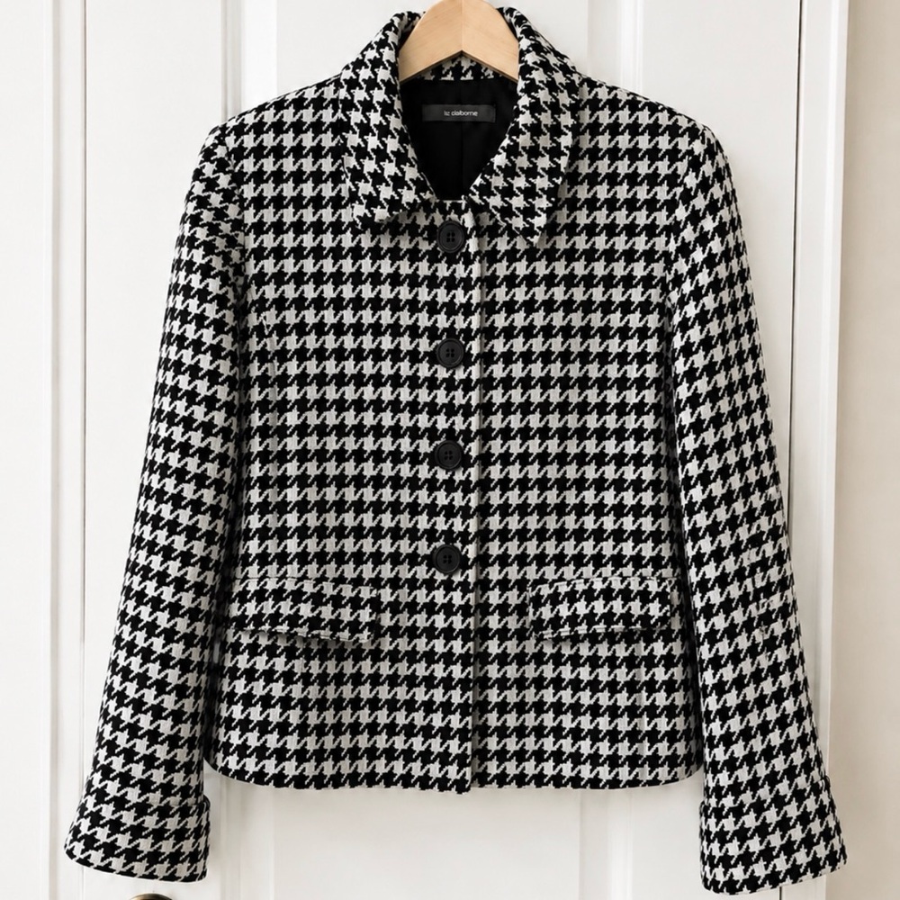 Liz Claiborne Black & White Houndstooth Cropped Jacket Blazer| Size Large